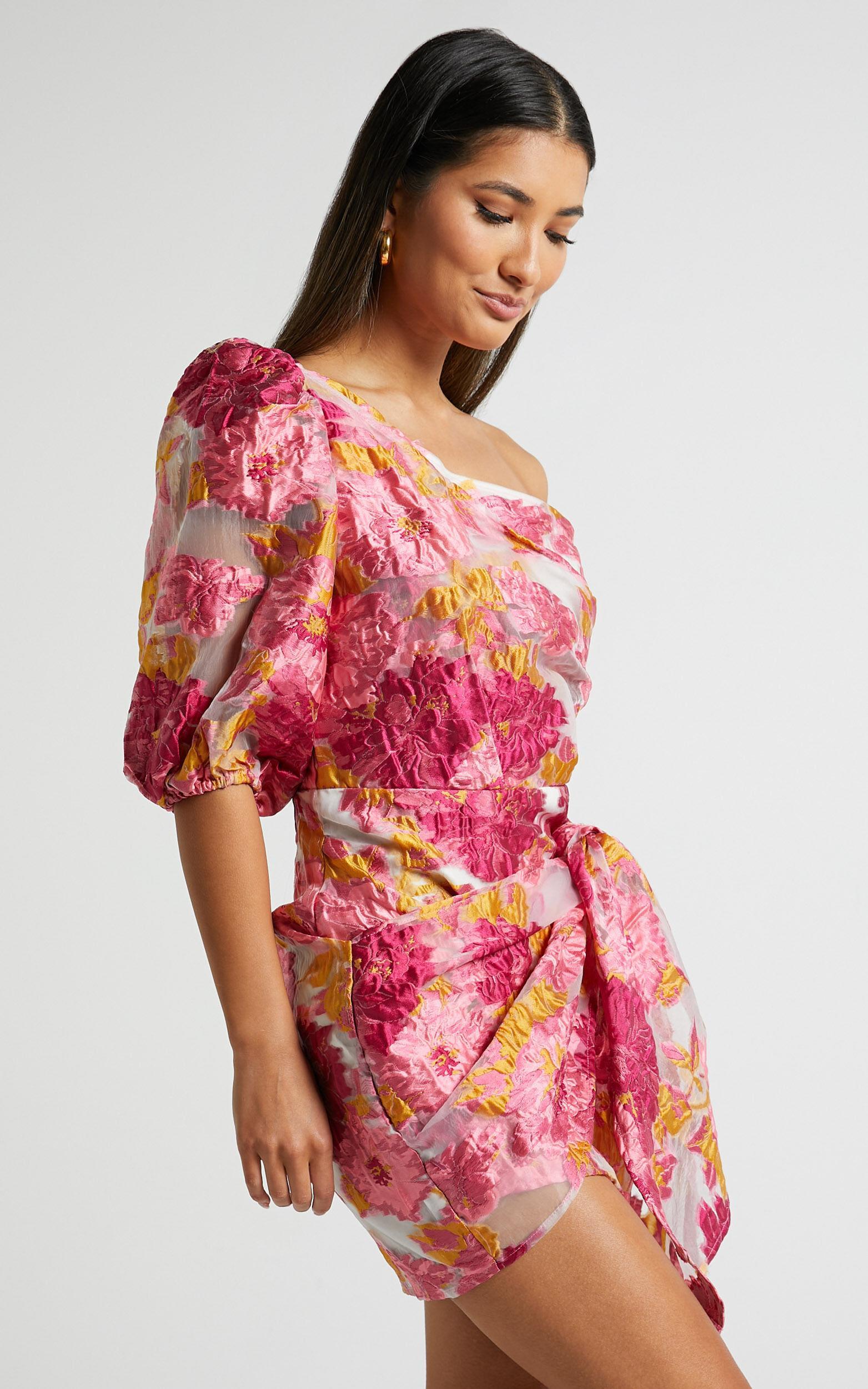 Brailey Mini Dress - One Shoulder Puff Sleeve Dress in Pink Jacquard Product Image