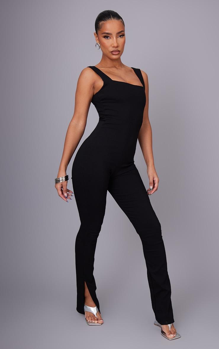 Black Square Neck Thick Strap Stretch Woven Jumpsuit Product Image