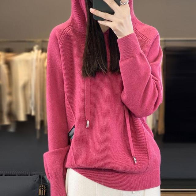 V-Neck Plain Knit Hoodie Product Image