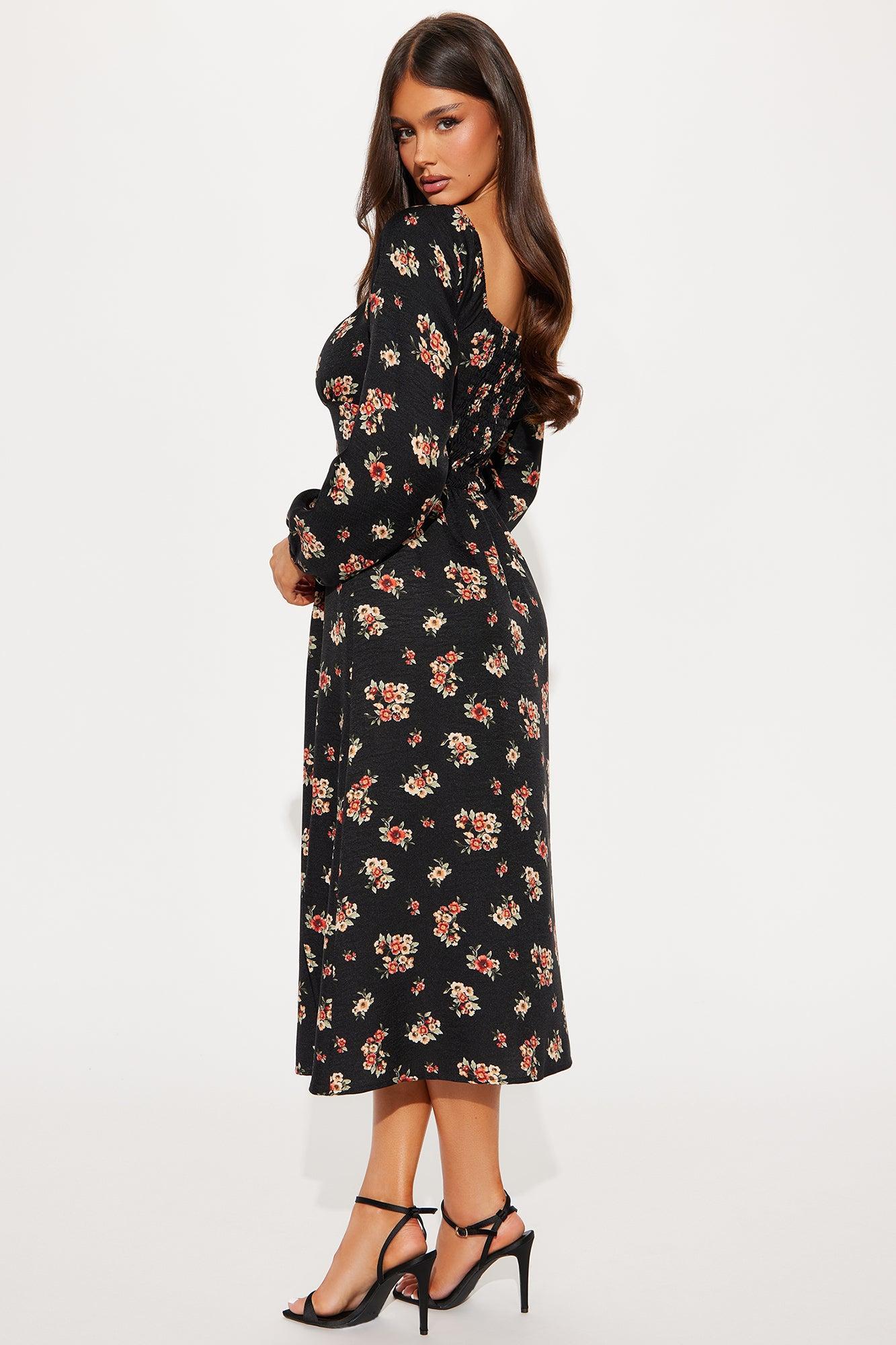 Vintage Vanity Long Sleeve Printed Midi Dress - Black Product Image