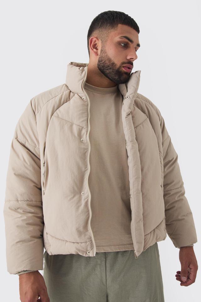 Plus Abstract Quilted Funnel Neck Puffer Jacket In Stone | boohooMAN USA Product Image