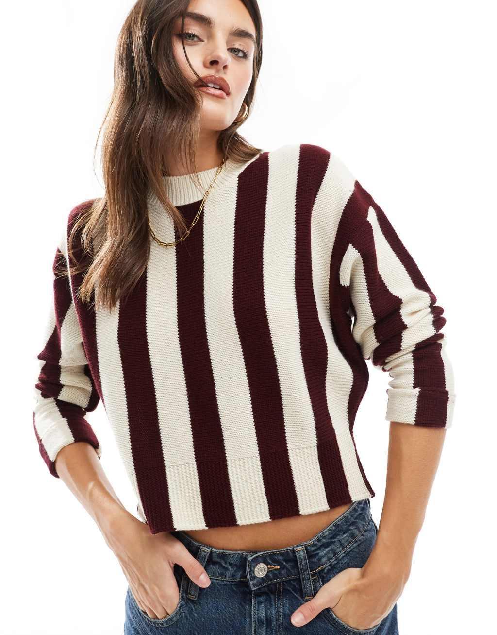 ASOS DESIGN knitted oversized sweater in wine stripe Product Image