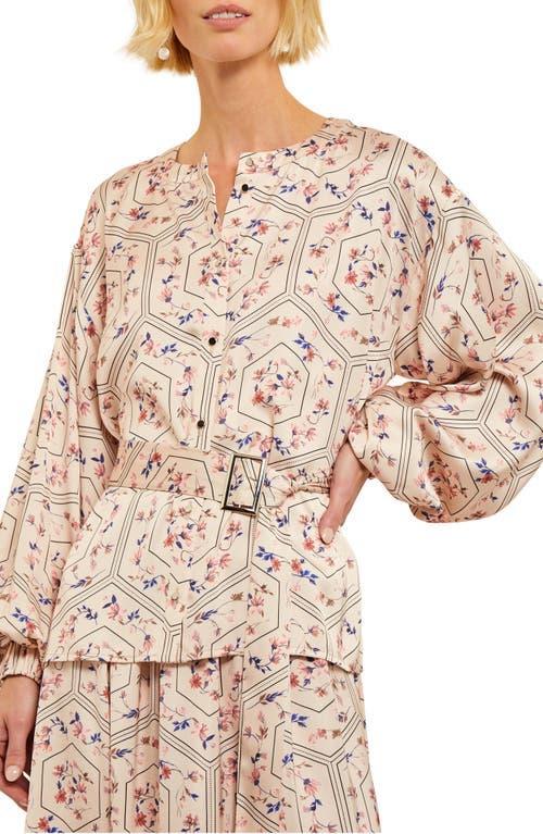 Womens Floral Crepe De Chine Balloon-Sleeve Belted Blouse Product Image