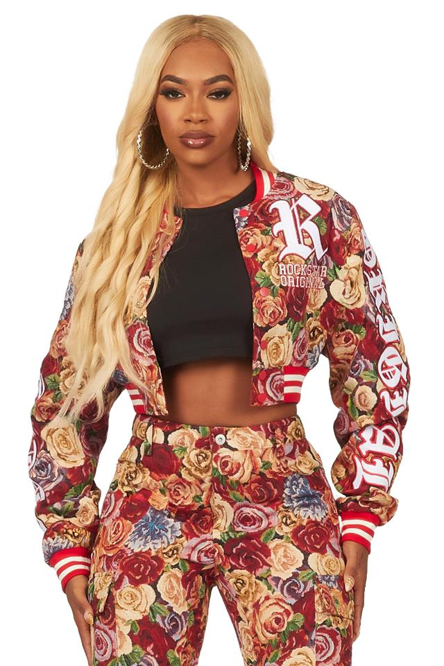 Darresha Red Crop Tapestry Varsity Jacket Female Product Image