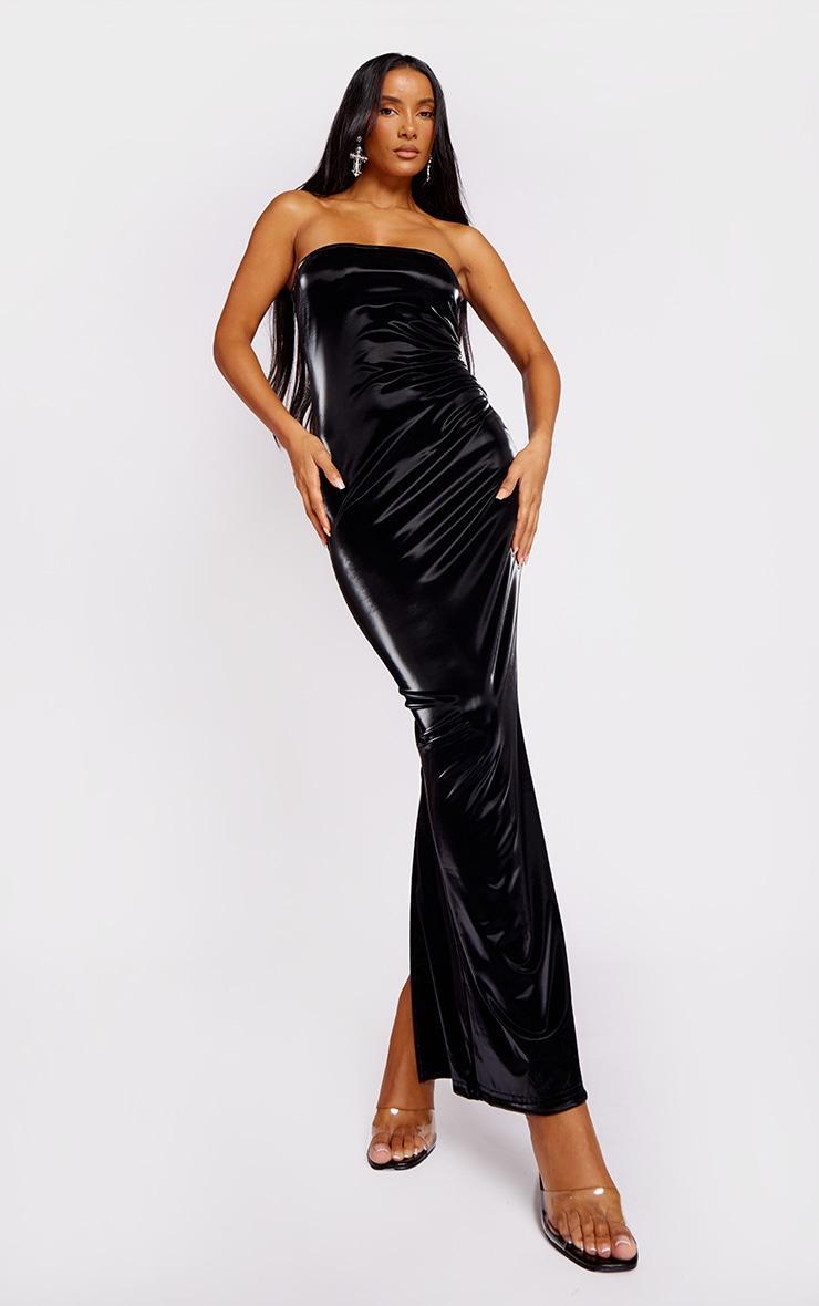 Black Shiny PU Bandeau Midaxi Dress Product Image