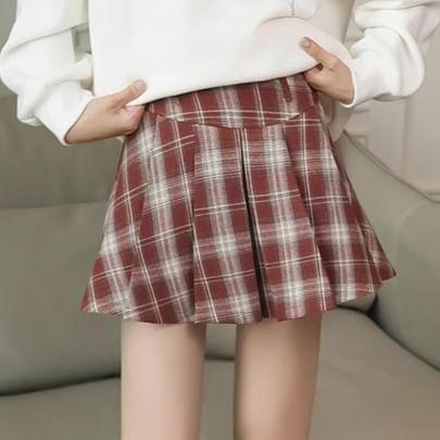 High Waist Plaid Mini A-Line Pleated Skirt Product Image