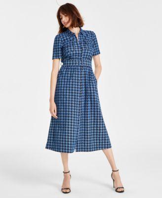 Anne Klein Womens Houndstooth Camp-Pocket Cotton Midi Dress product image