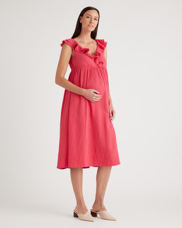 Organic Cotton Gauze Maternity Ruffle Front Dress Product Image