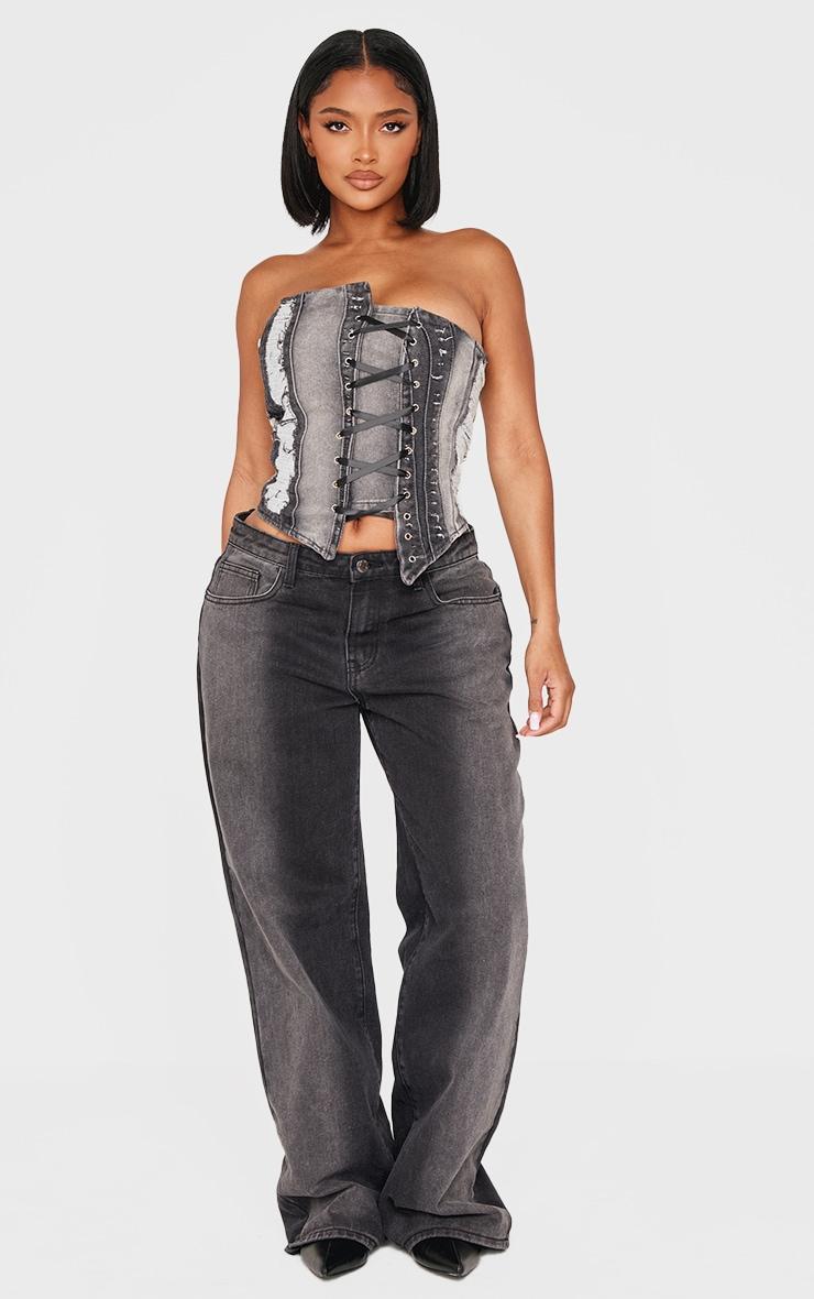 Shape Light Grey Denim Bandeau Distressed Lace Up Detail Corset Product Image