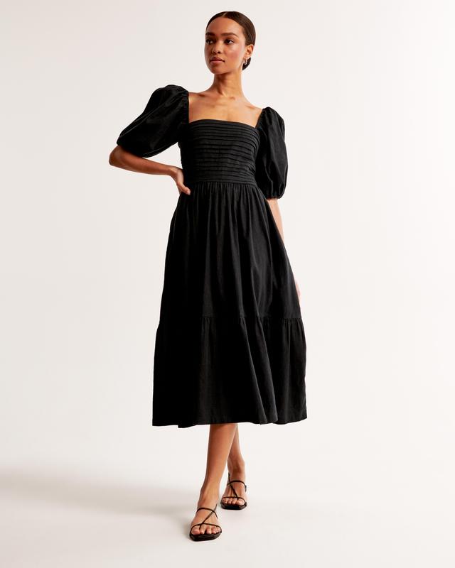 The A&F Emerson Linen-Blend Puff Sleeve Midi Dress Product Image