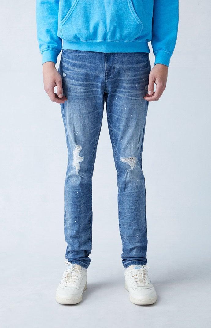 Men's High Stretch Indigo Stacked Skinny Ripped Jeans 29W x 30L Product Image