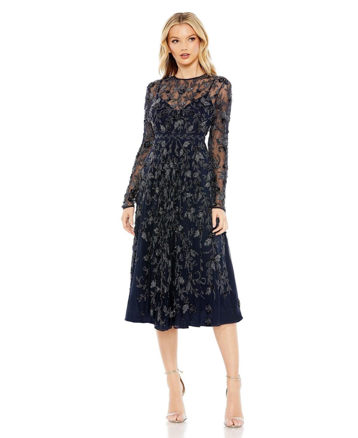 Mac Duggal Beaded Floral Long Sleeve Cocktail Midi Dress Product Image