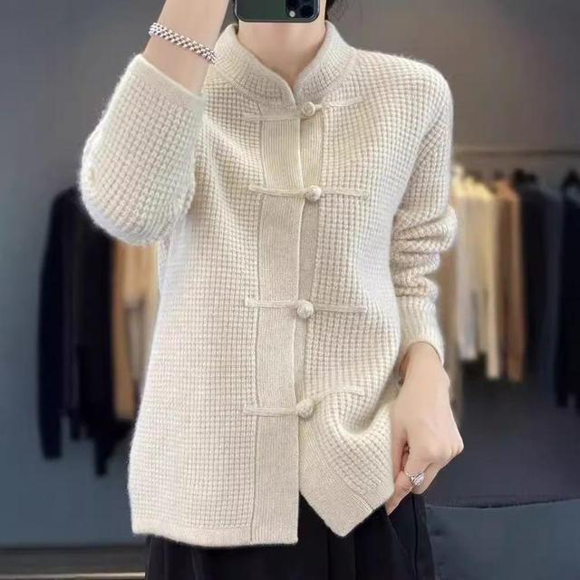 Crew Neck Plain Waffle Knot Button Cardigan Product Image