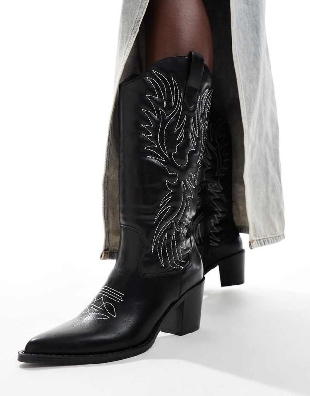 Glamorous western heeled knee boots in black Product Image