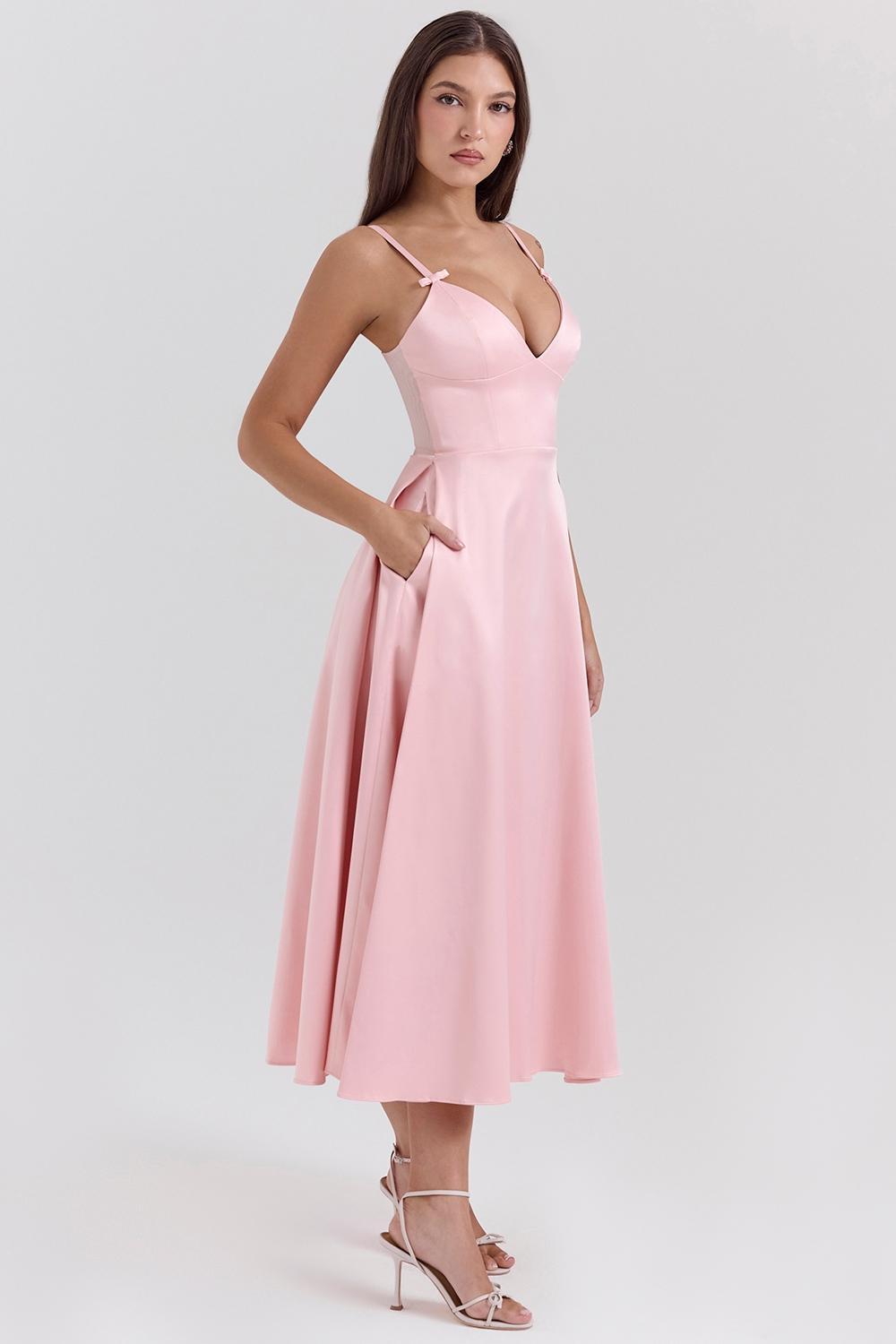 Tiffany Parisian Pink Satin A-Line Midi Dress Product Image