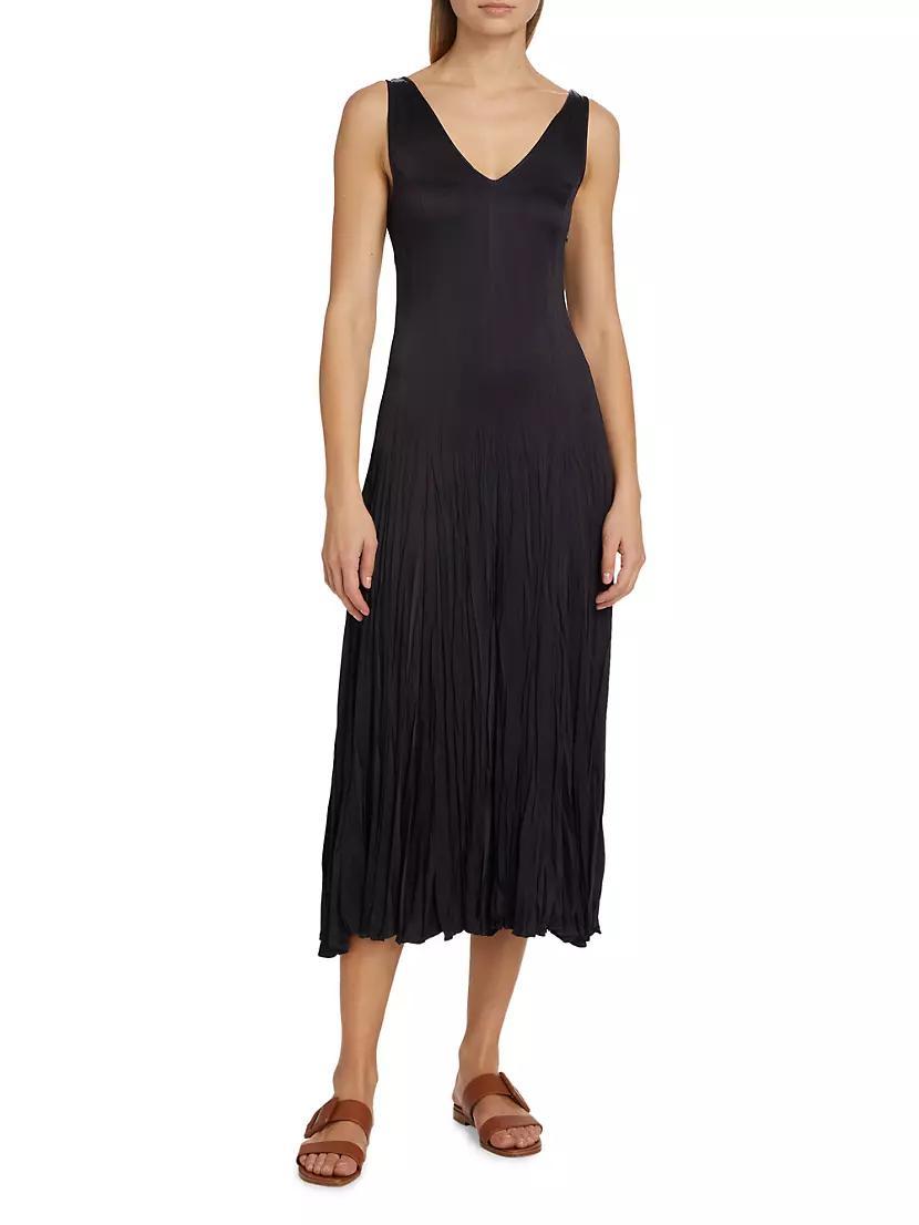 Satin Pleated V-Neck Midi Dress Product Image