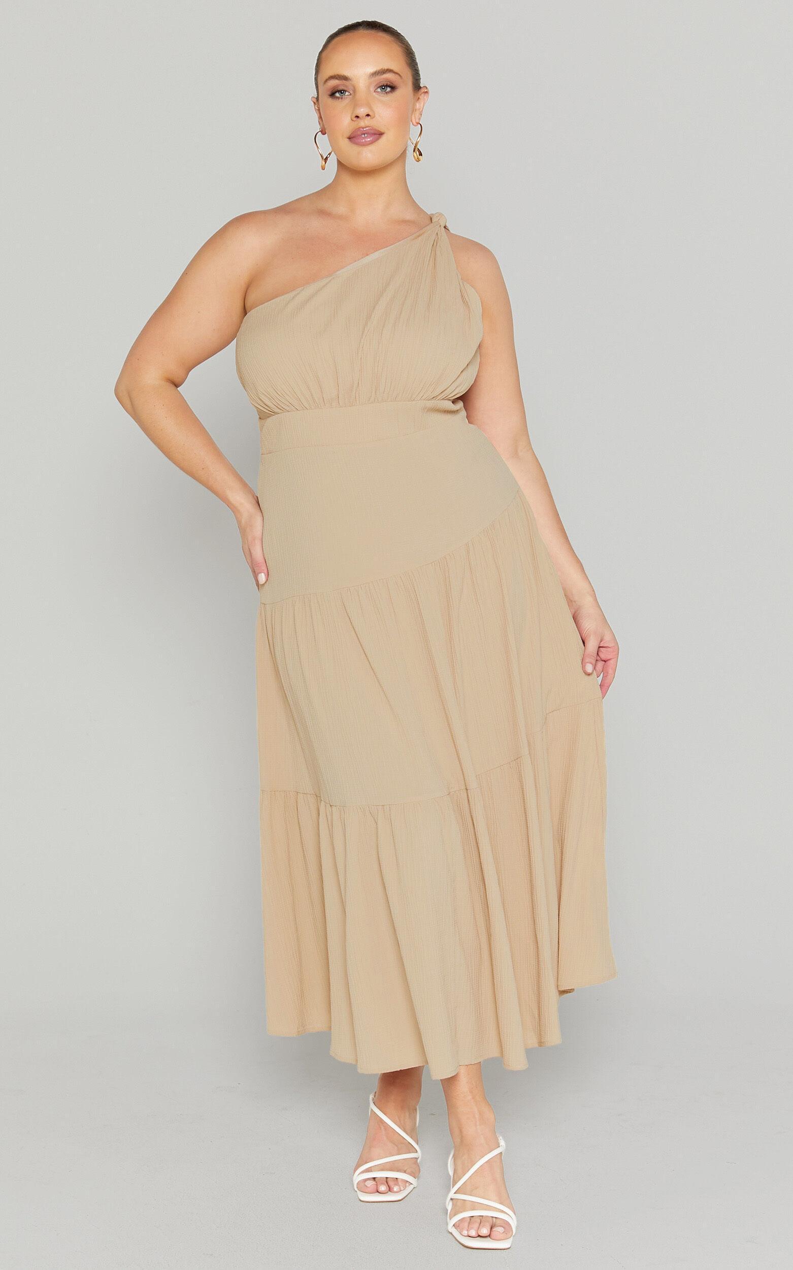 Celestia Midi Dress - Tiered One Shoulder Dress in Sand Product Image