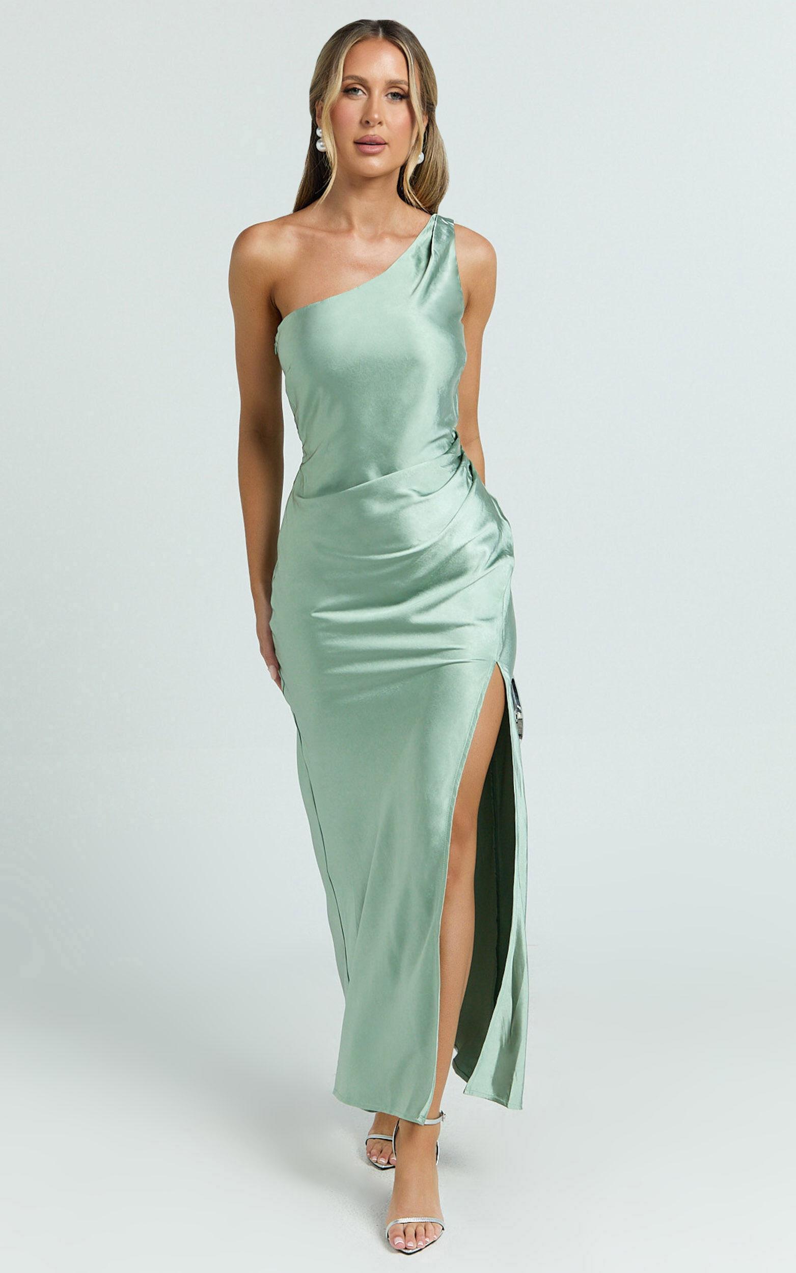 Isla Maxi Dress - Satin One Shoulder Side Split Dress in Sage Product Image