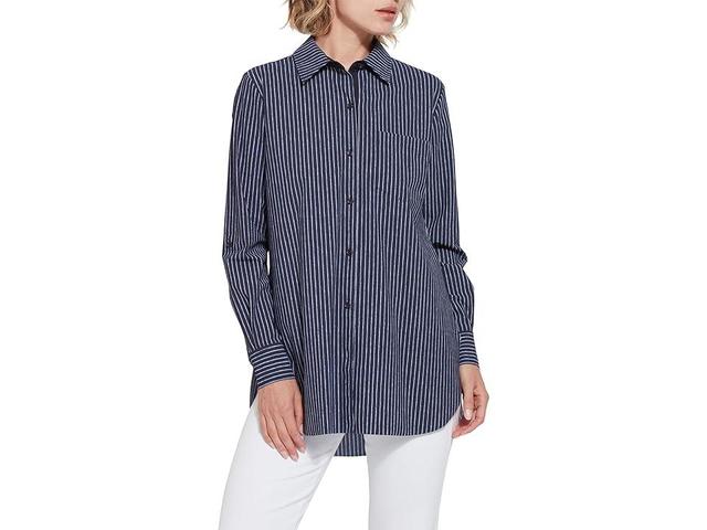 Lysse Schiffer Button-Down Printed Microfiber Top (Oxford Pinstripe) Women's Clothing Product Image