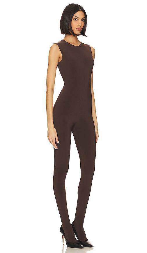 Norma Kamali Snake Mesh Catsuit With Footsie in Chocolate. Product Image