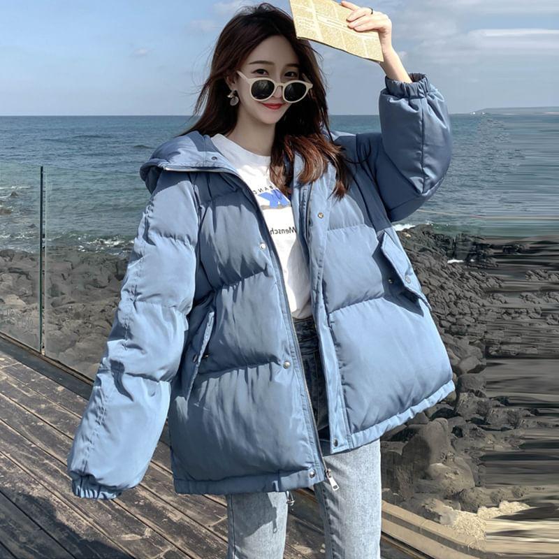 Plain Hooded Zip Puffer Coat Product Image