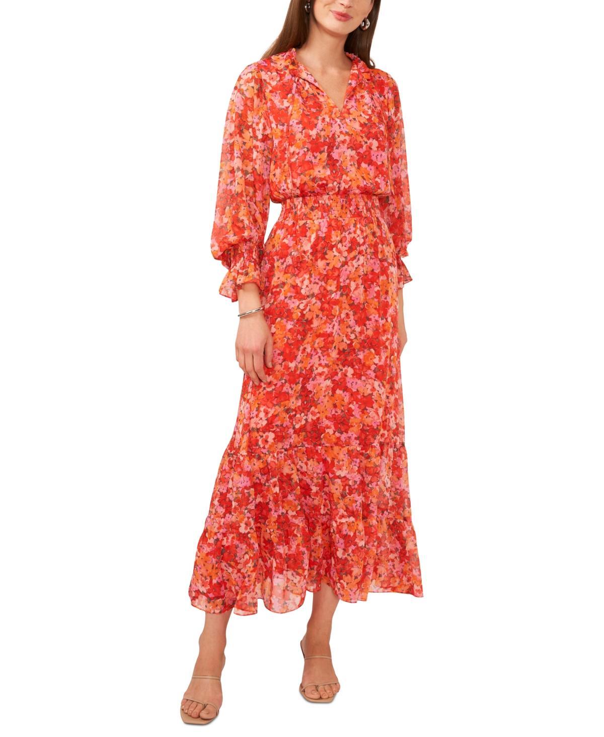 Vince Camuto Womens Floral Smocked Waist Tie Neck Tiered Maxi Dress Product Image