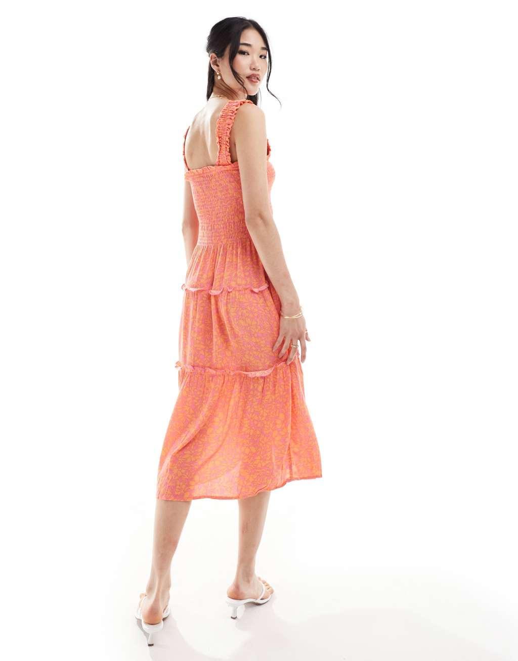 Vero Moda shirred cami midi dress in coral floral Product Image