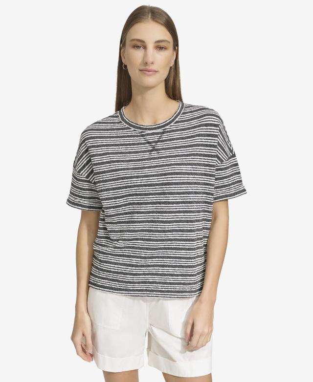 Andrew Marc Sport Womens Heritage Striped Short Sleeve Boxy Knit Pullover - Black Product Image