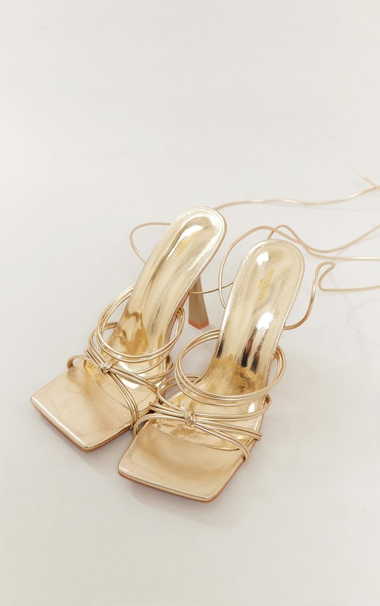 Gold Metallic Wide Fit Strappy Knot Detail Square Lace Up High Heeled Sandals Product Image