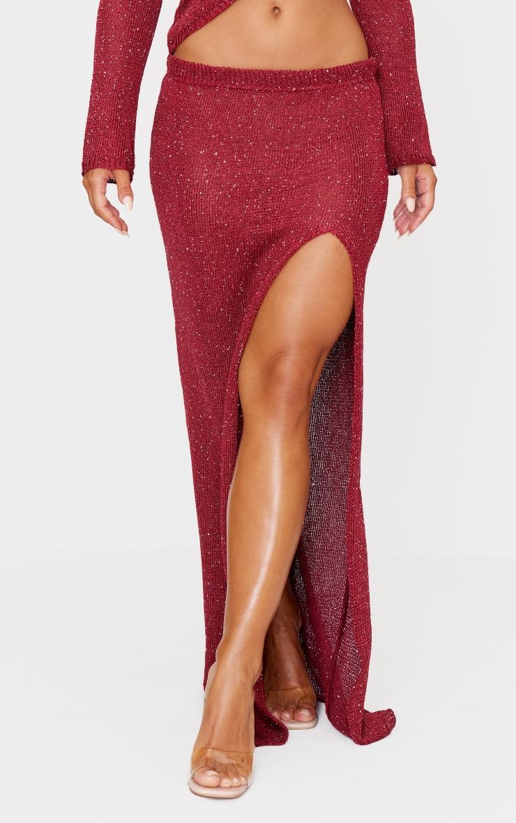 Wine Sequin Knit Side Split Maxi Skirt Product Image