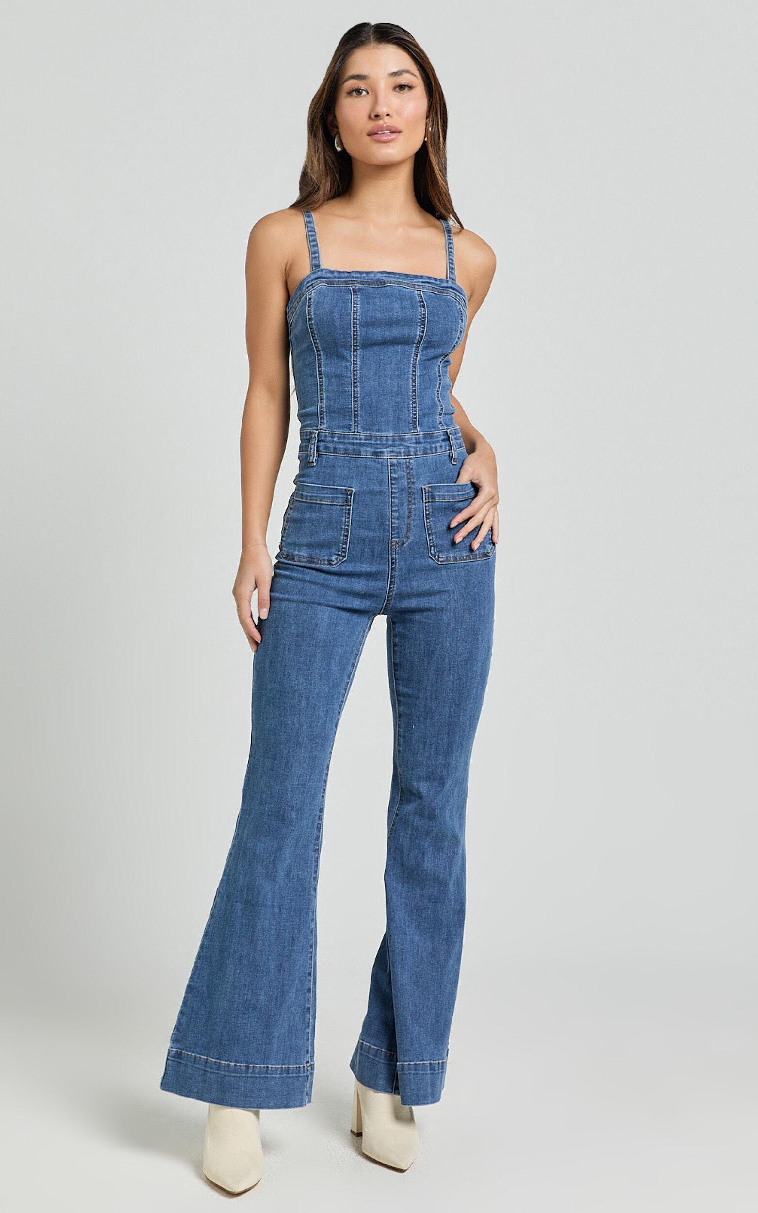 Joey Jumpsuit - Panelled Cami Flared Bottom Denim Jumpsuit in Dark Blue Wash Product Image