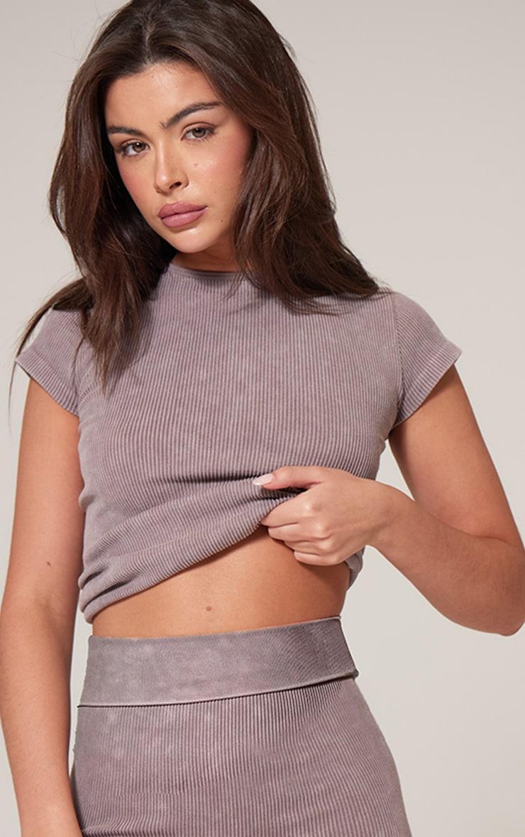 Taupe Faded Snatched Rib Scoop Neck Fitted Top Product Image