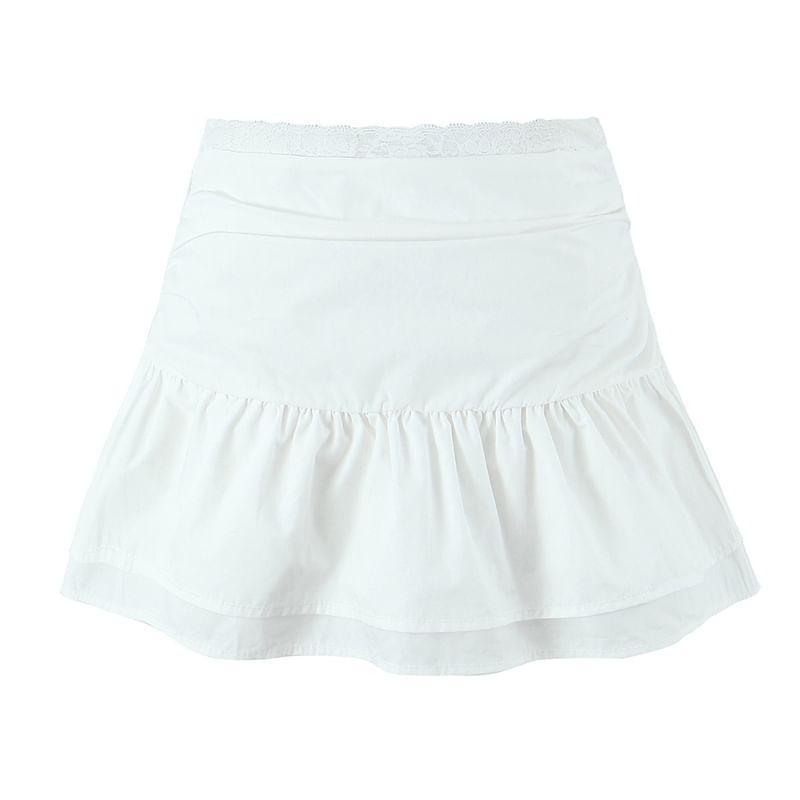 High Waist Plain Ruched Bow Lace Trim Mini A-Line Skirt Product Image