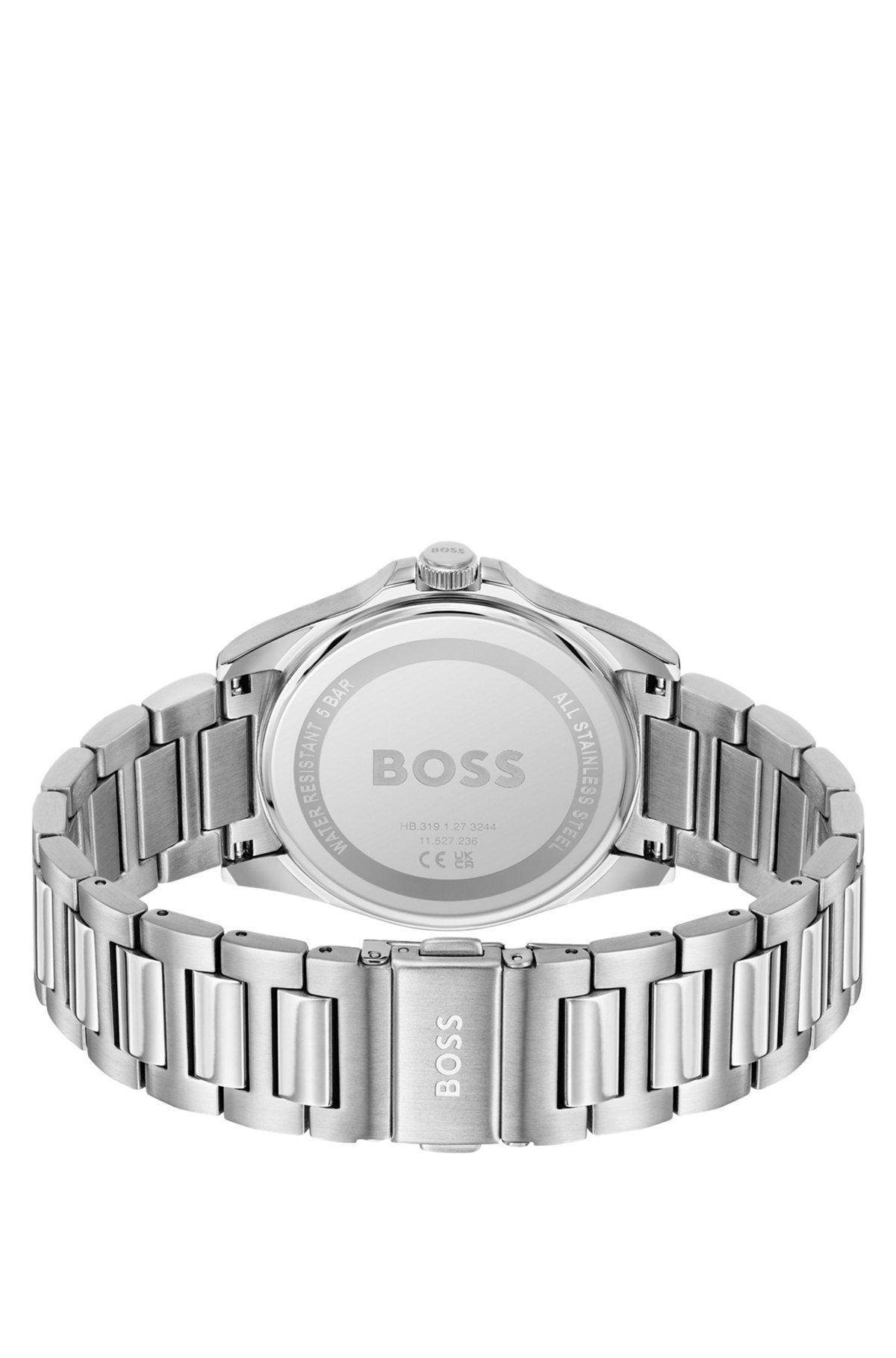 BOSS - Silver-tone watch with burgundy grooved dial Product Image