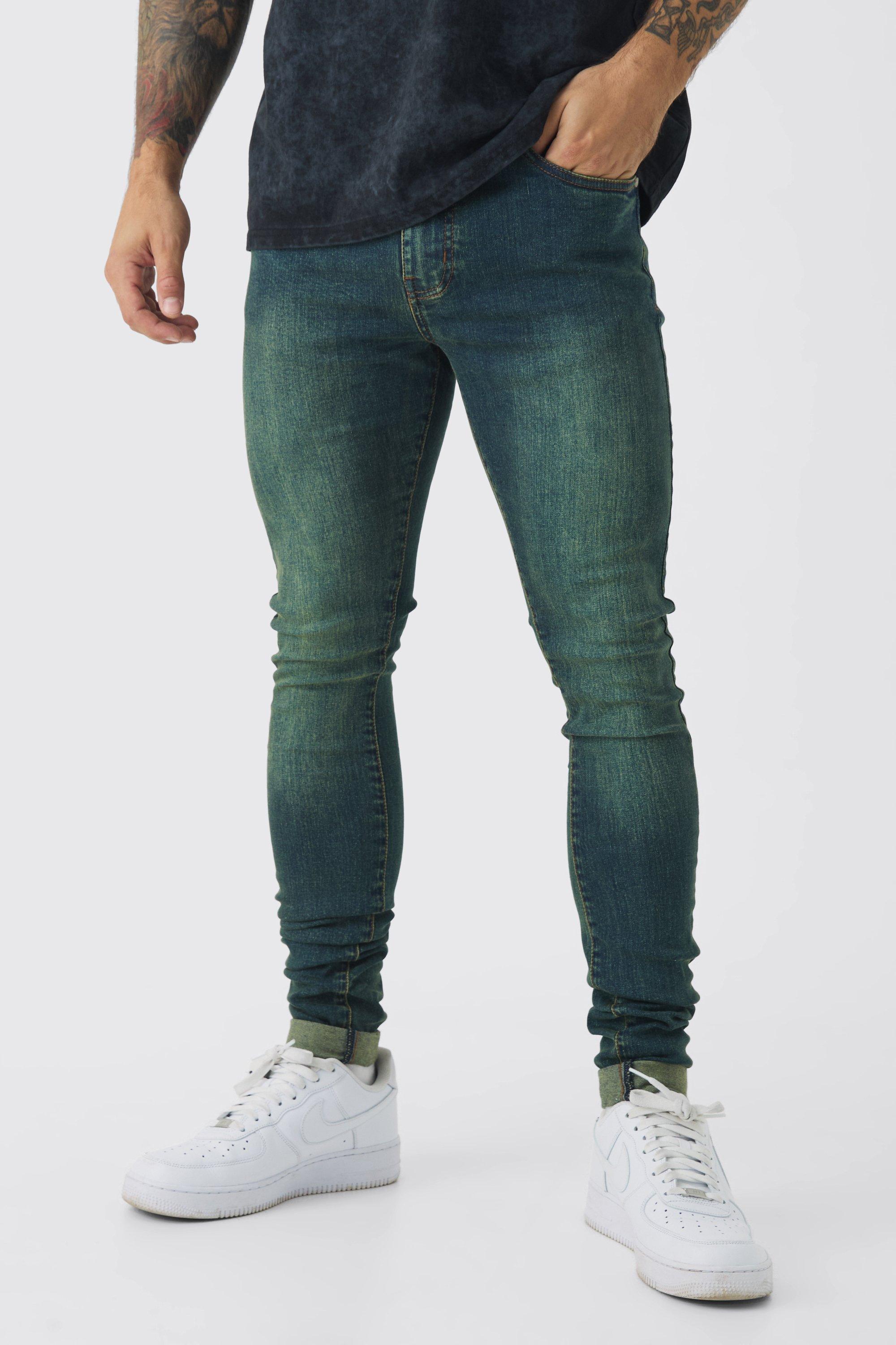 Mens Super Skinny Stretch Stacked Green Tinted Jeans, Green Product Image