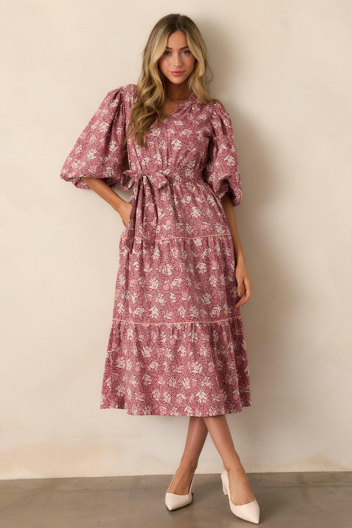 Rustic Allure 100% Cotton Dark Sangria Floral Midi Dress product image