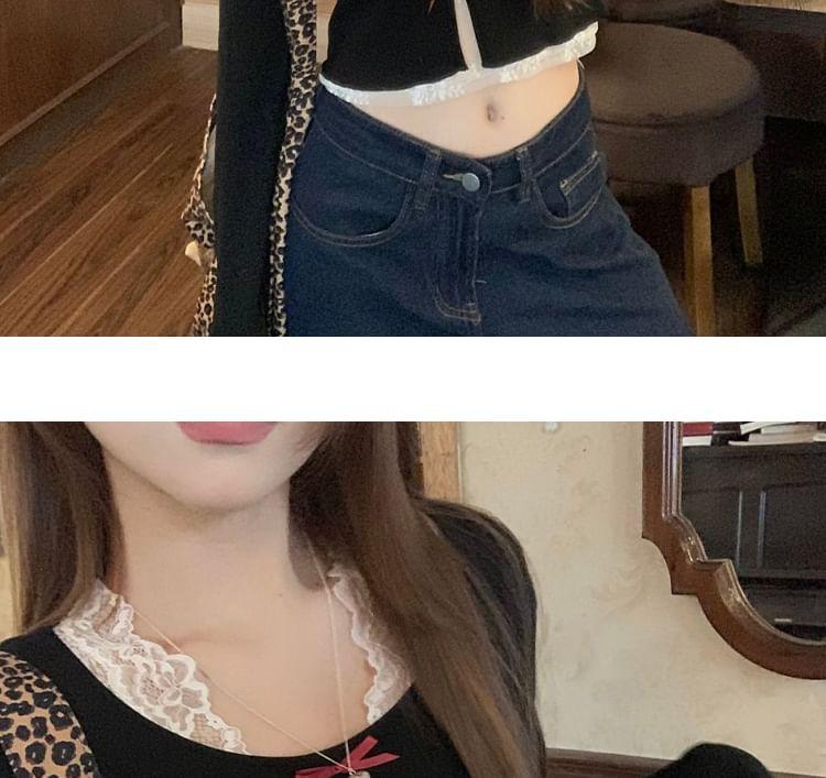 Long-Sleeve Scoop Neck Bow Accent Cutout Slit Crop Top Product Image