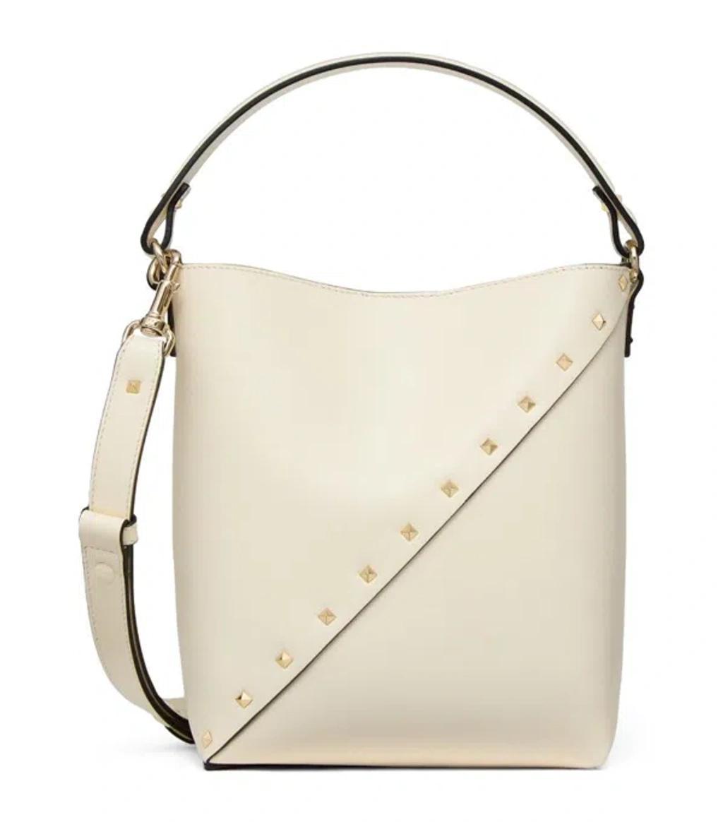 Small Leather Rockstud Wispy Bucket Bag In White Product Image