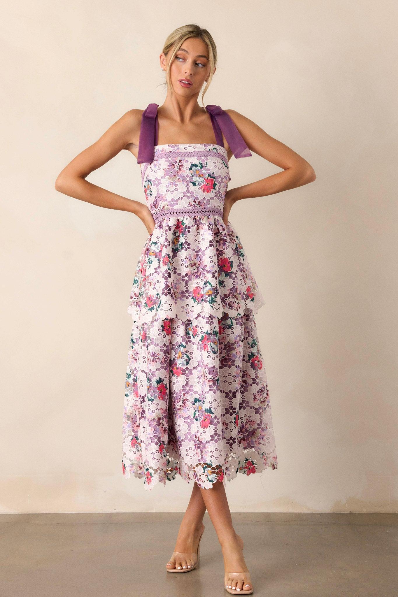 Romance In Bloom Lavender Floral Embroidered Midi Dress Product Image