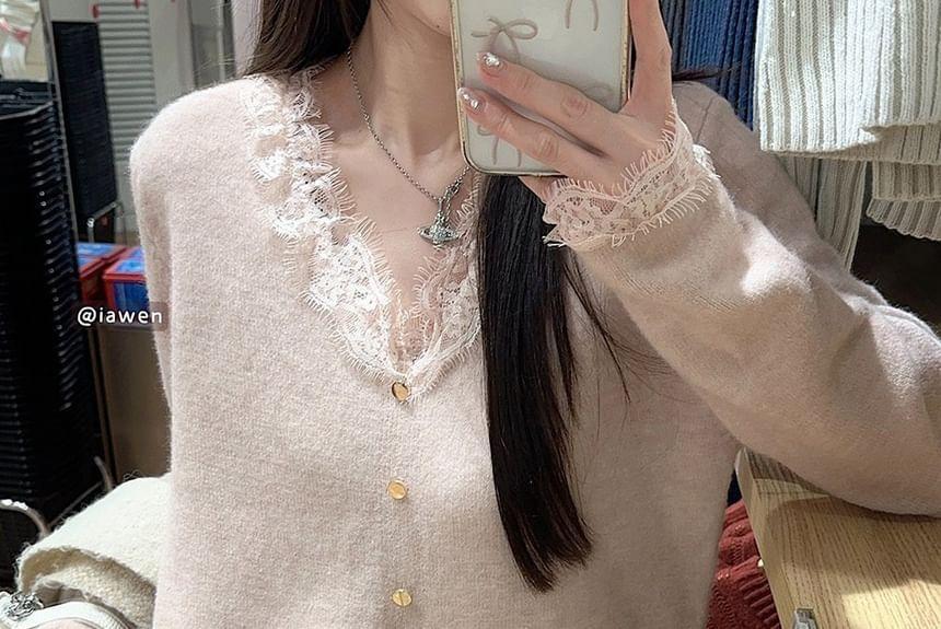 Long-Sleeve V-Neck Lace Trim Plain Knit Top Product Image