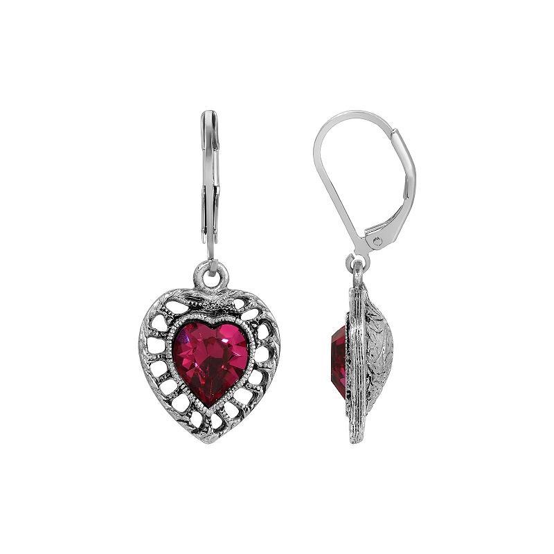 1928 Silver Tone Filigree Heart Color Stone Earrings, Womens, Pink Product Image