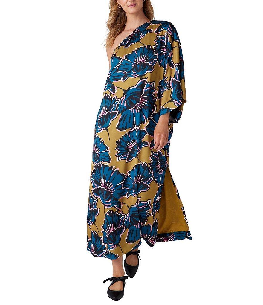 CROSBY by Mollie Burch Clementine Satin Crepe Floral Asymmetrical Neck Single Batwing Sleeve Caftan Maxi Dress Product Image