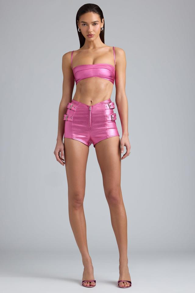 Metallic High-Waist Denim Shorts in Deep Pink Product Image