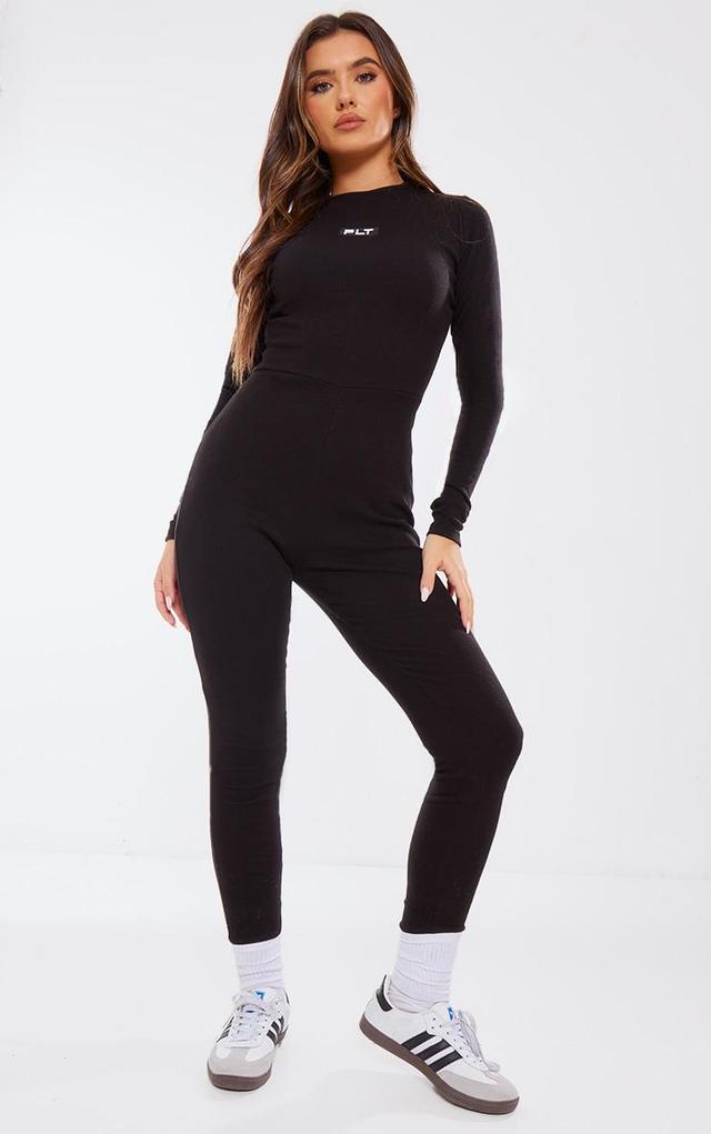 PRETTYLITTLETHING Black Ribbed Long Sleeve Jumpsuit Product Image