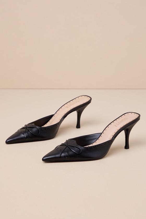 Minny Black Nappa Leather Bow Pointed-Toe Mule Pumps Product Image