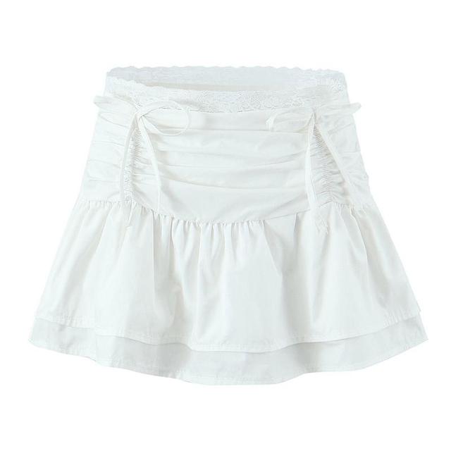 High Waist Plain Ruched Bow Lace Trim Mini A-Line Skirt Product Image