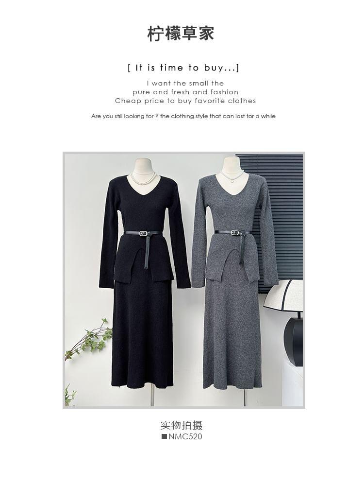 Set: Slited V-Neck T-Shirt + High-Waist Knit Midi Dress Product Image