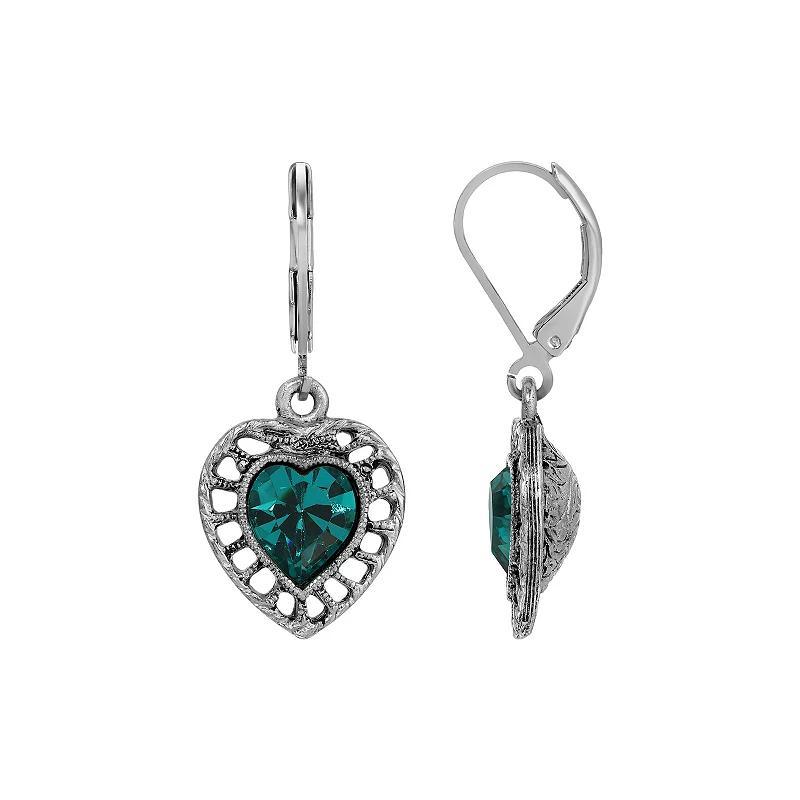 1928 Silver Tone Filigree Heart Color Stone Earrings, Womens, Blue Product Image