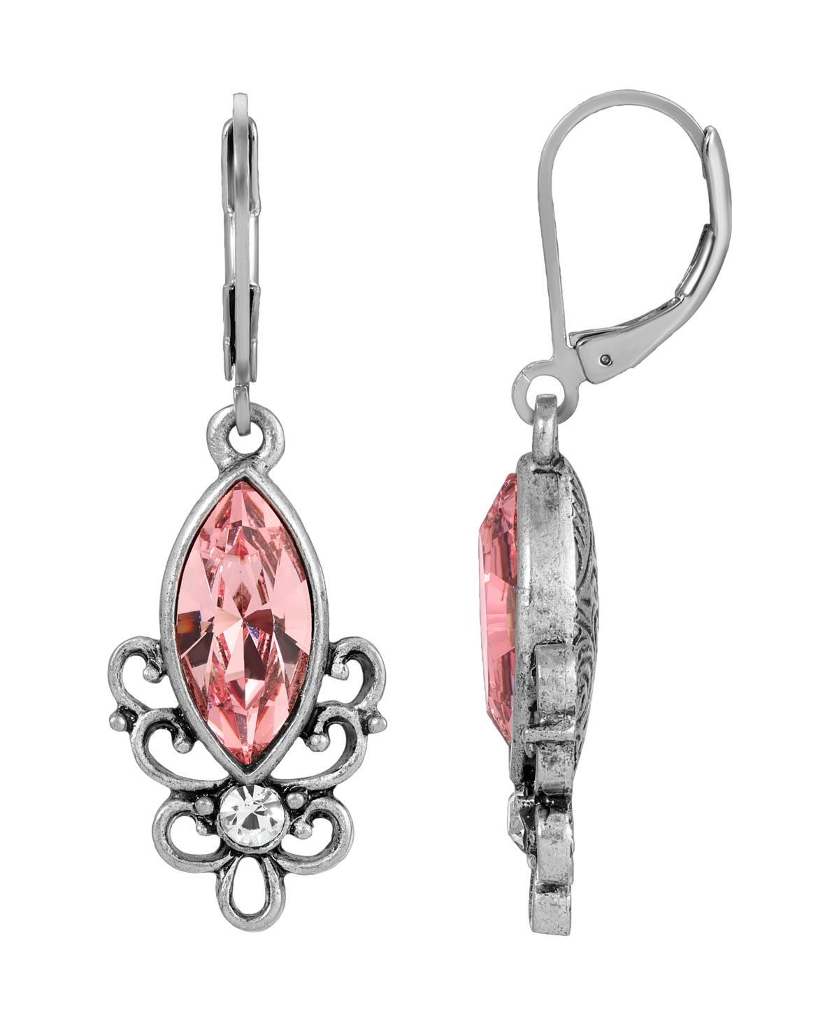 1928 Silver Tone Pewter Filigree Drop Earrings, Womens, Pink Product Image