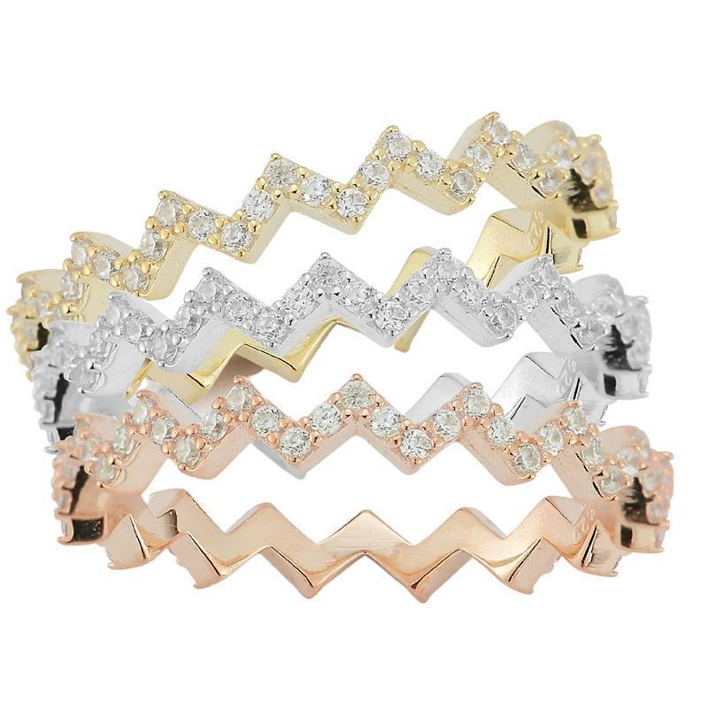 Sunkissed Sterling Tri-Tone Cubic Zirconia Zigzag Rings Set, Womens Product Image